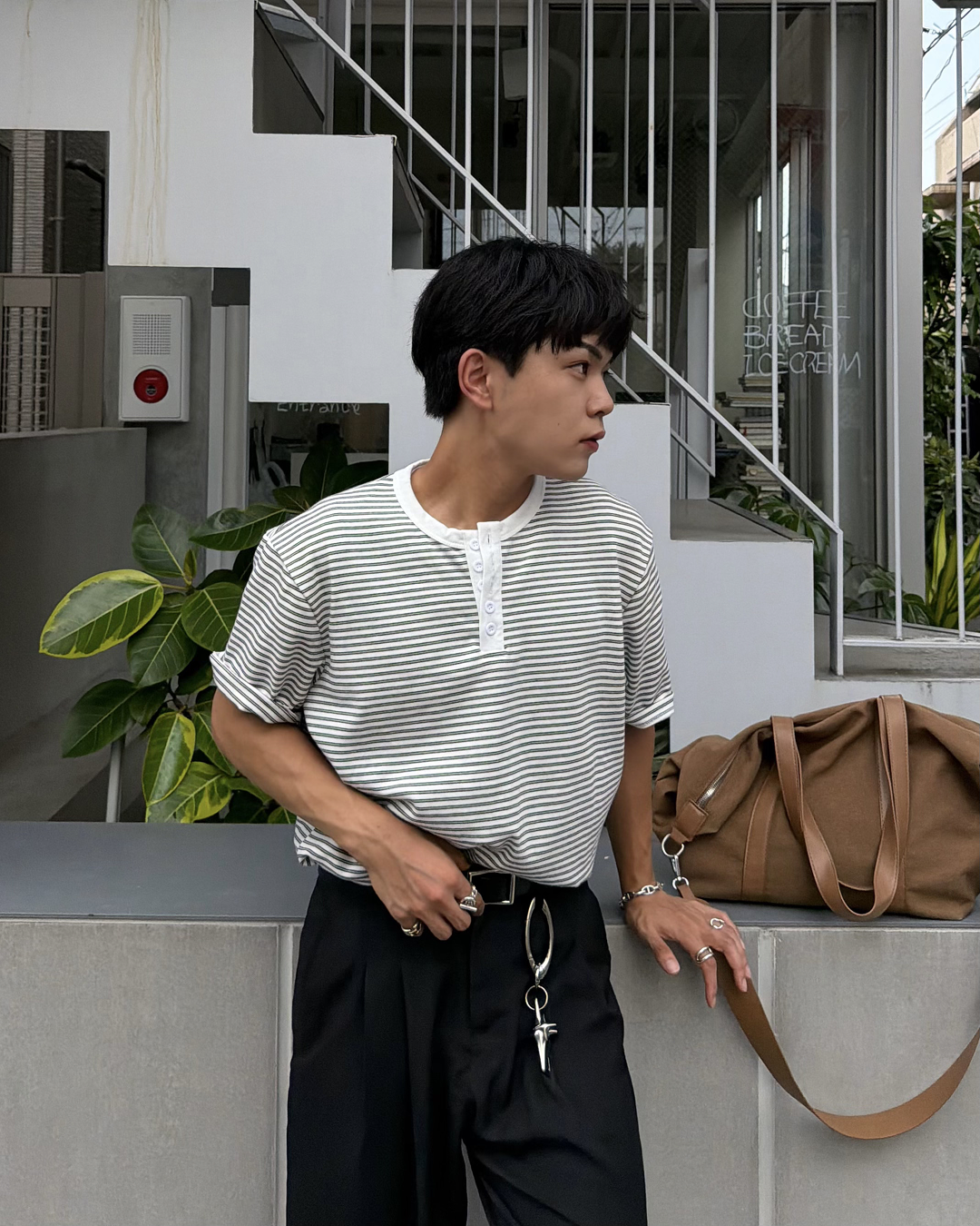ルーズフィットボーダーヘンリーネックTシャツ KA7402