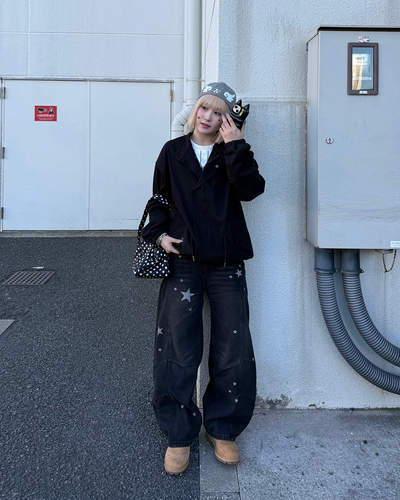 バレルシルエット星プリントデニムパンツ KC0224