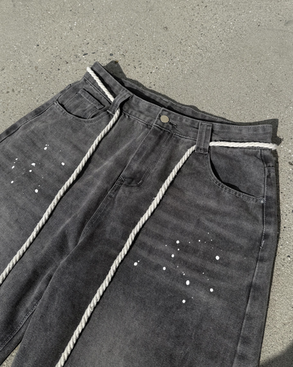 ワイドカーブペイントデザイングレーデニムパンツ KC0303