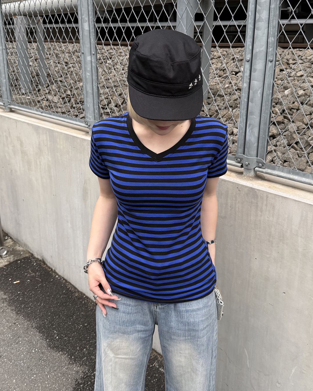 VネックストライプスリムウエストTシャツ KC0348 – YOLO(ヨロ VネックストライプスリムウエストTシャツ KC0348 – YOLO(ヨロ