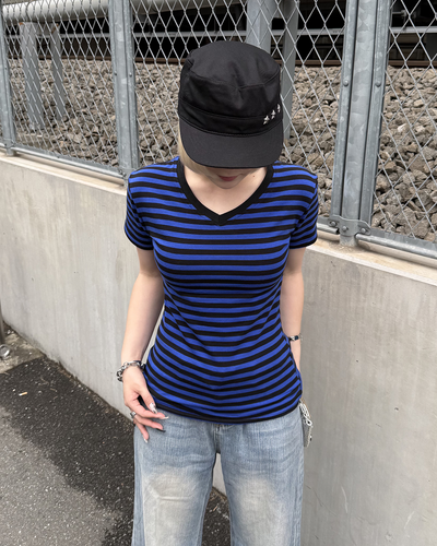 VネックストライプスリムウエストTシャツ KC0348