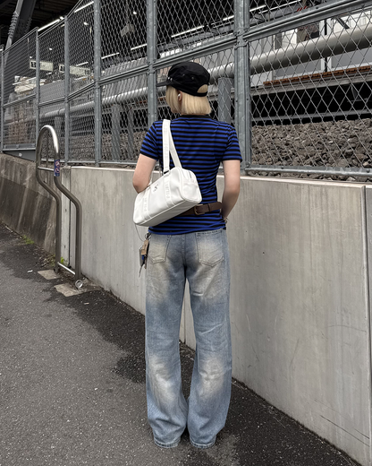 VネックストライプスリムウエストTシャツ KC0348