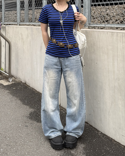 VネックストライプスリムウエストTシャツ KC0348