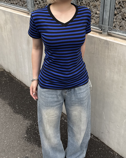 VネックストライプスリムウエストTシャツ KC0348