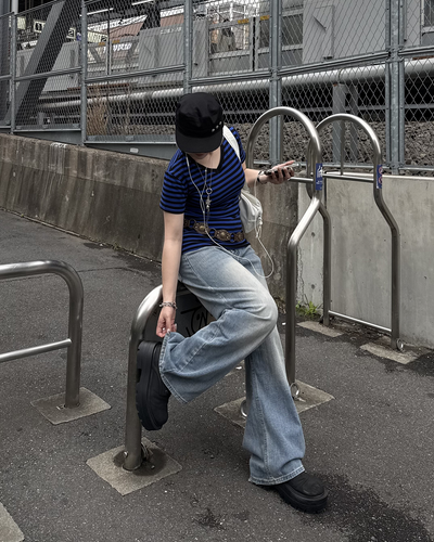 VネックストライプスリムウエストTシャツ KC0348