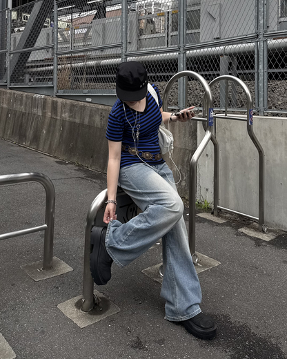 VネックストライプスリムウエストTシャツ KC0348