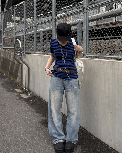 VネックストライプスリムウエストTシャツ KC0348