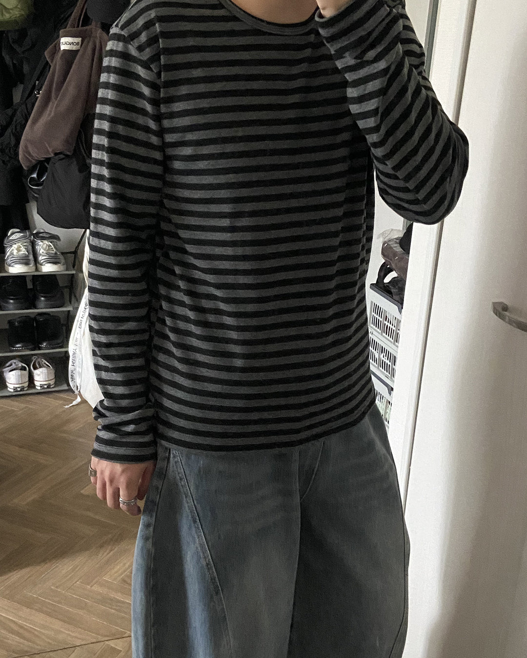 ボーダー柄クルーネックロングTシャツ KJ0012