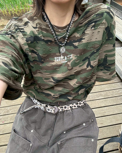 VAJAVU 迷彩長袖TシャツBoxyfit ダメージ加工 VAJAVU 迷彩長袖TシャツBoxyfit ダメージ加工