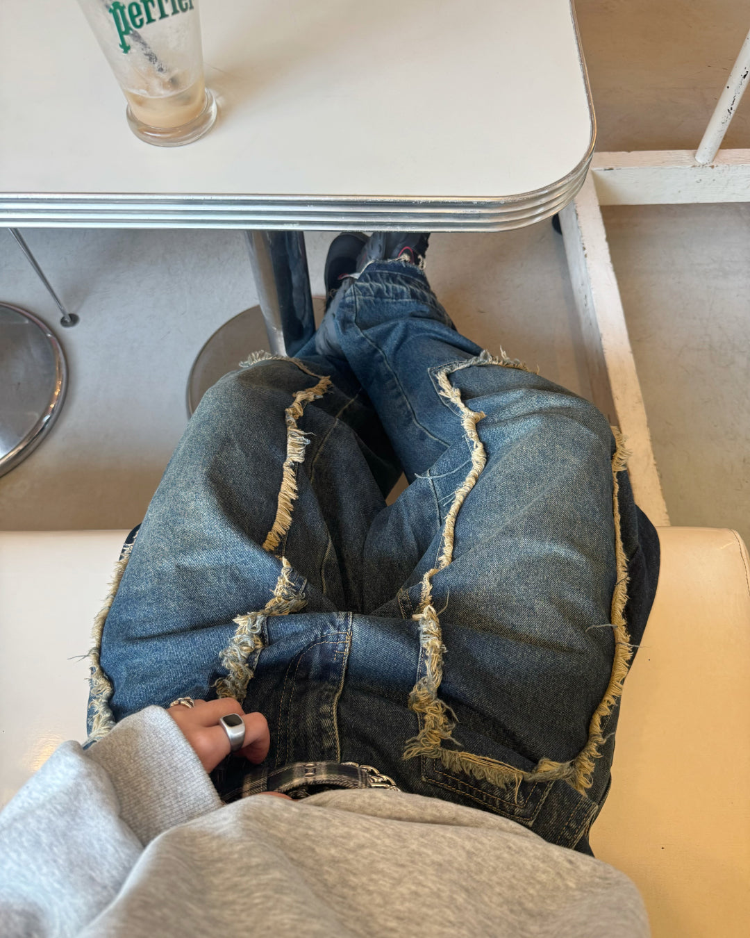 【即納】デザインフリンジデニムパンツ KM5005