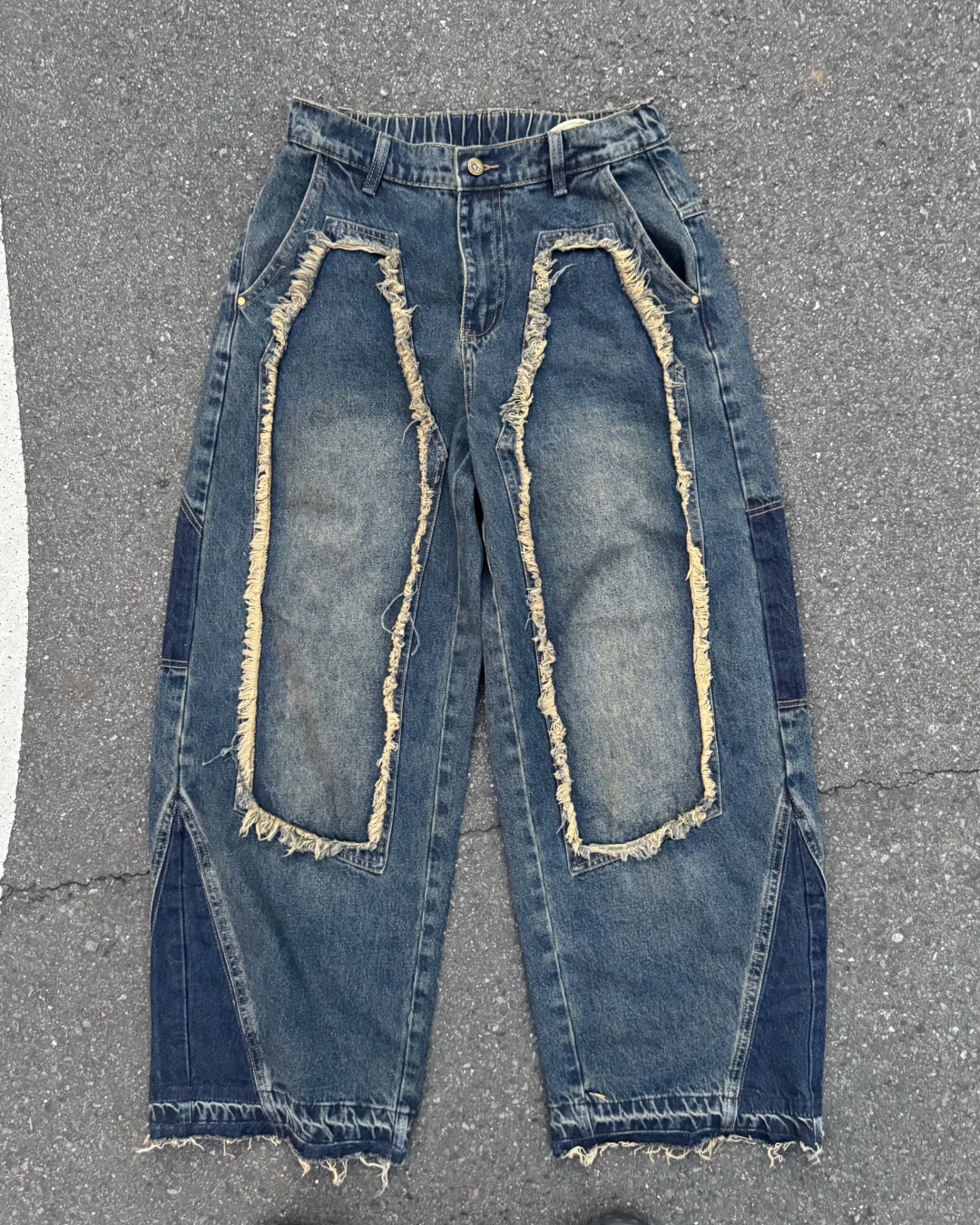 【即納】デザインフリンジデニムパンツ KM5005