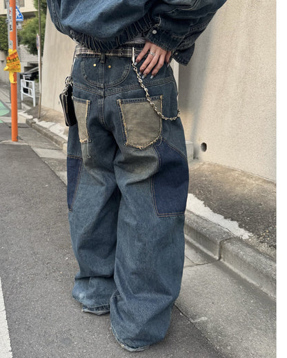 【即納】デザインフリンジデニムパンツ KM5005