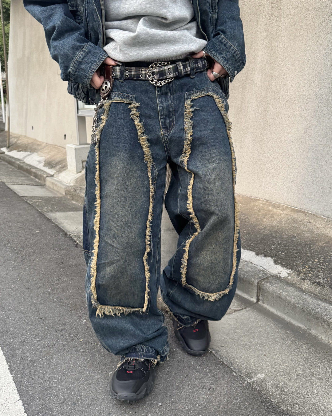 【即納】デザインフリンジデニムパンツ KM5005