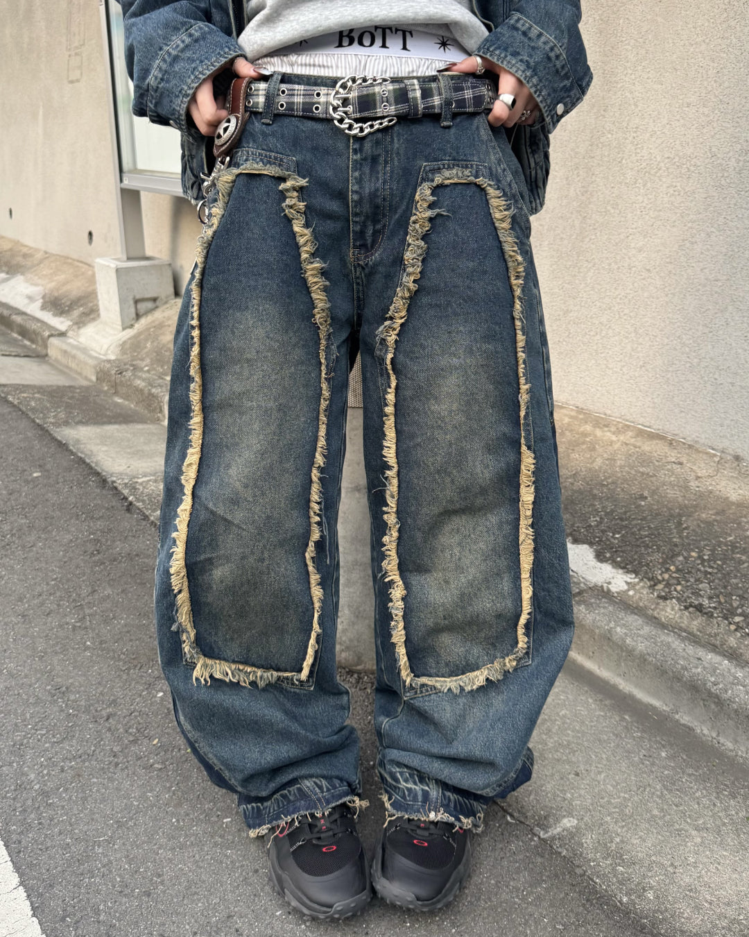 【即納】デザインフリンジデニムパンツ KM5005