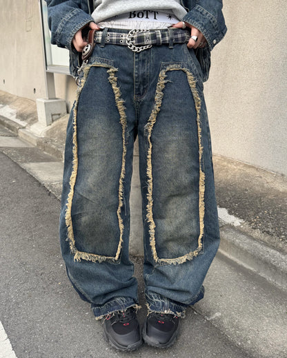 【即納】デザインフリンジデニムパンツ KM5005