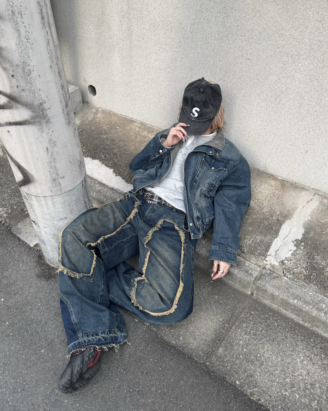 【即納】デザインフリンジデニムパンツ KM5005