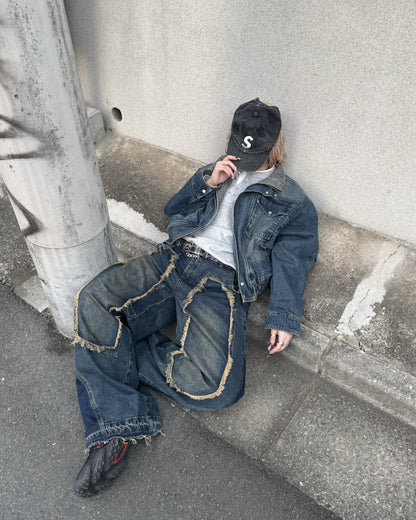 【即納】デザインフリンジデニムパンツ KM5005