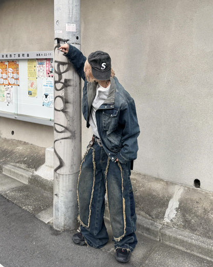 【即納】デザインフリンジデニムパンツ KM5005