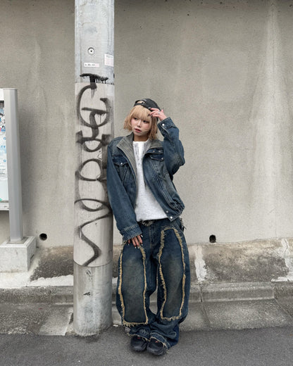 【即納】デザインフリンジデニムパンツ KM5005