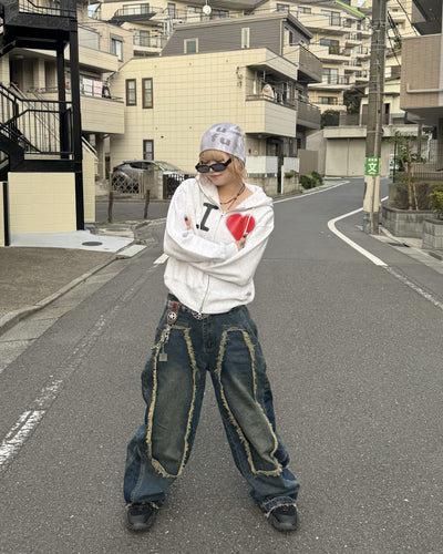 【即納】デザインフリンジデニムパンツ KM5005