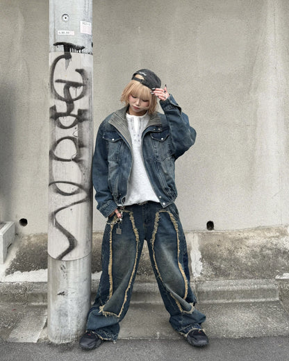 【即納】デザインフリンジデニムパンツ KM5005