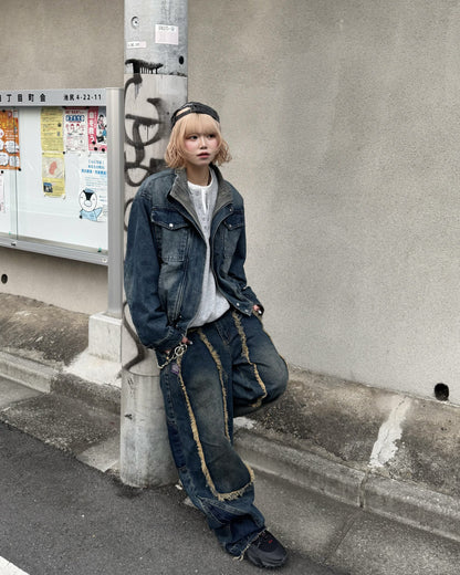 【即納】デザインフリンジデニムパンツ KM5005