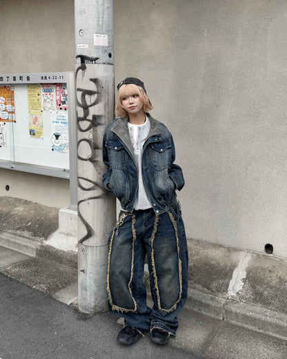 【即納】デザインフリンジデニムパンツ KM5005