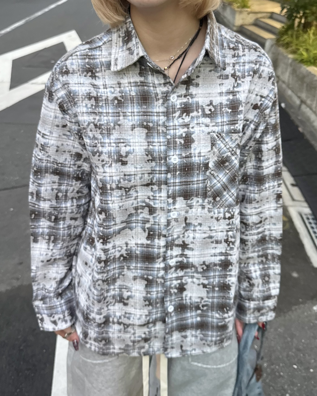 【即納】ペイント加工チェックシャツ KM5020