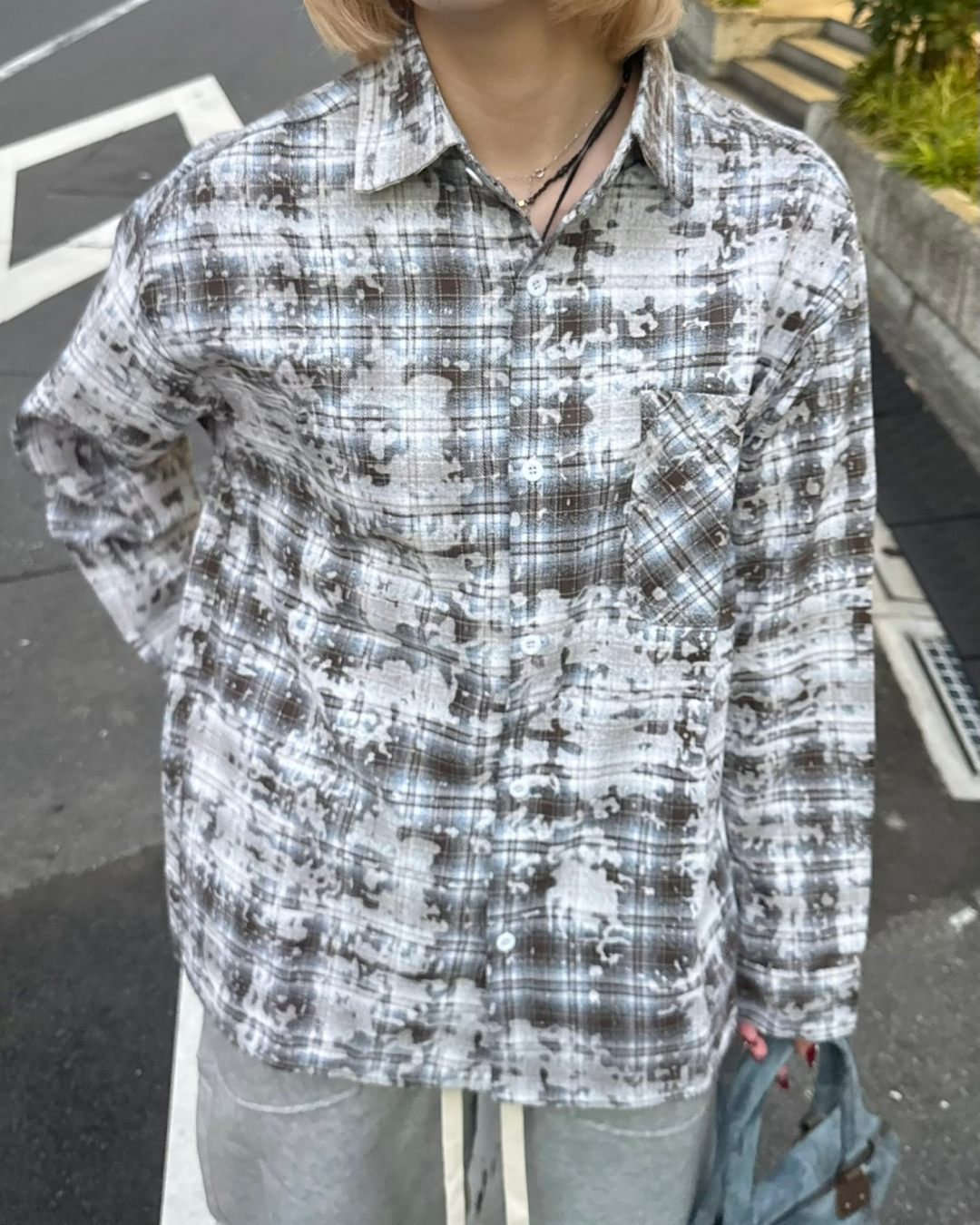 【即納】ペイント加工チェックシャツ KM5020