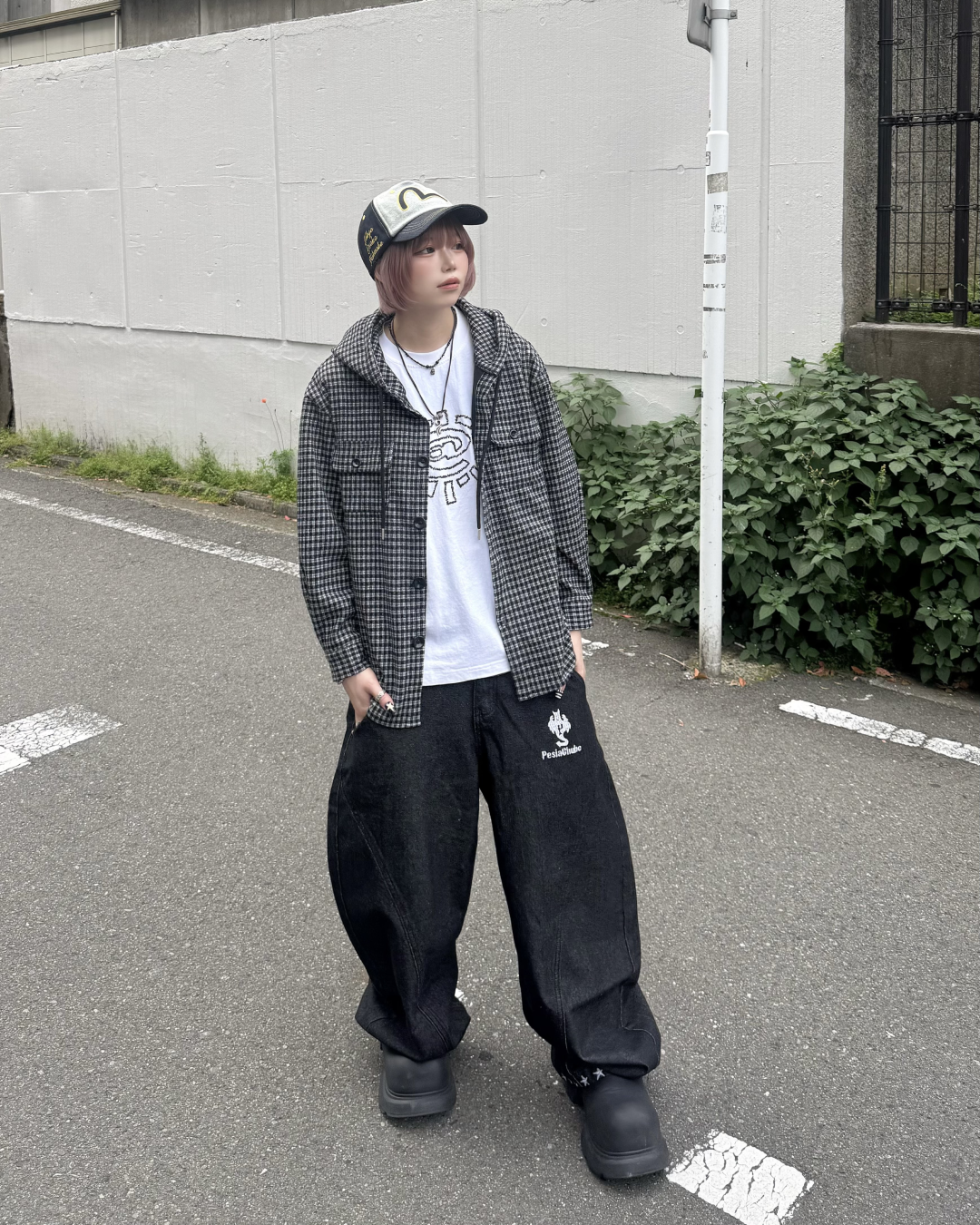 フードチェックシャツ KM7046