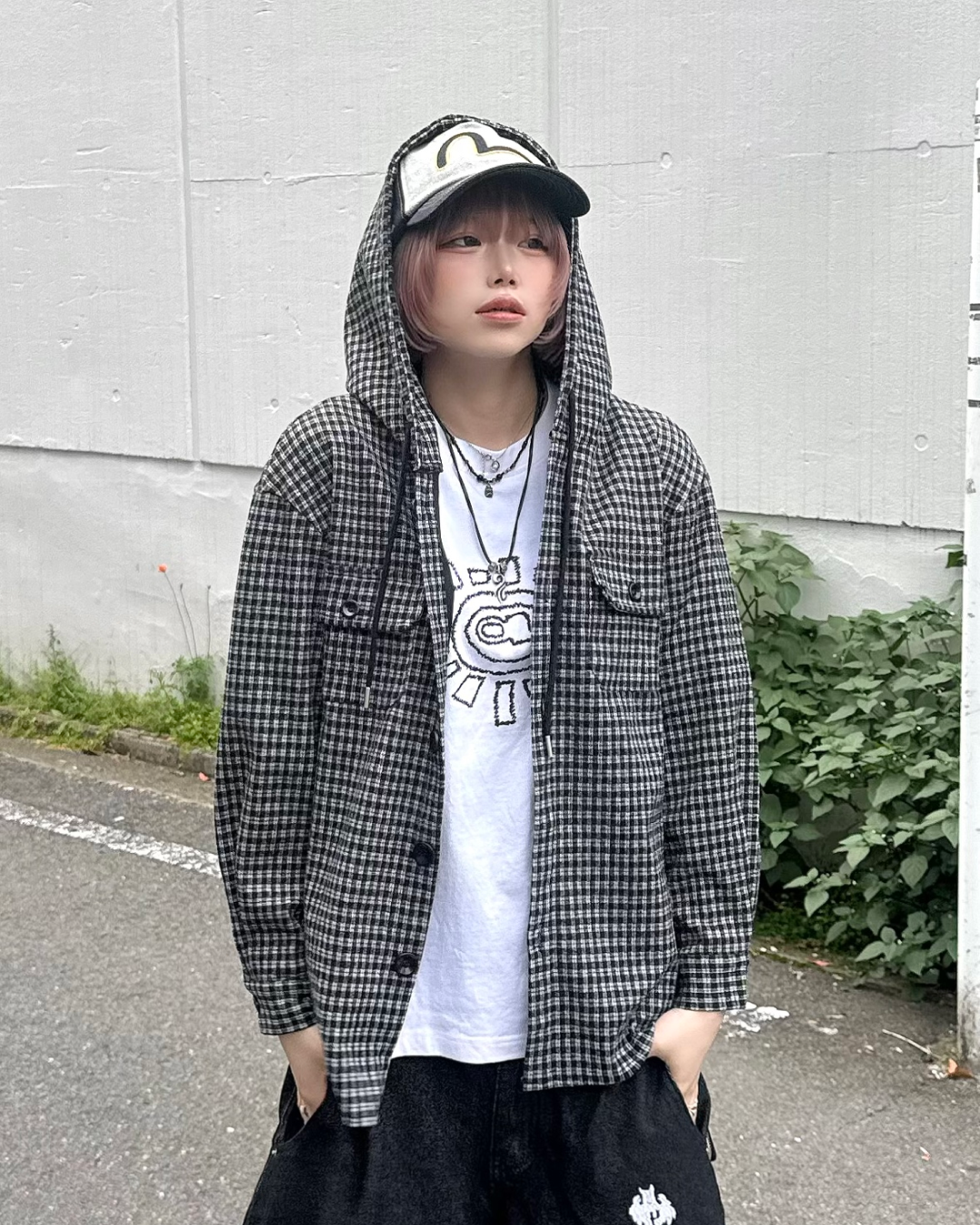 フードチェックシャツ KM7046