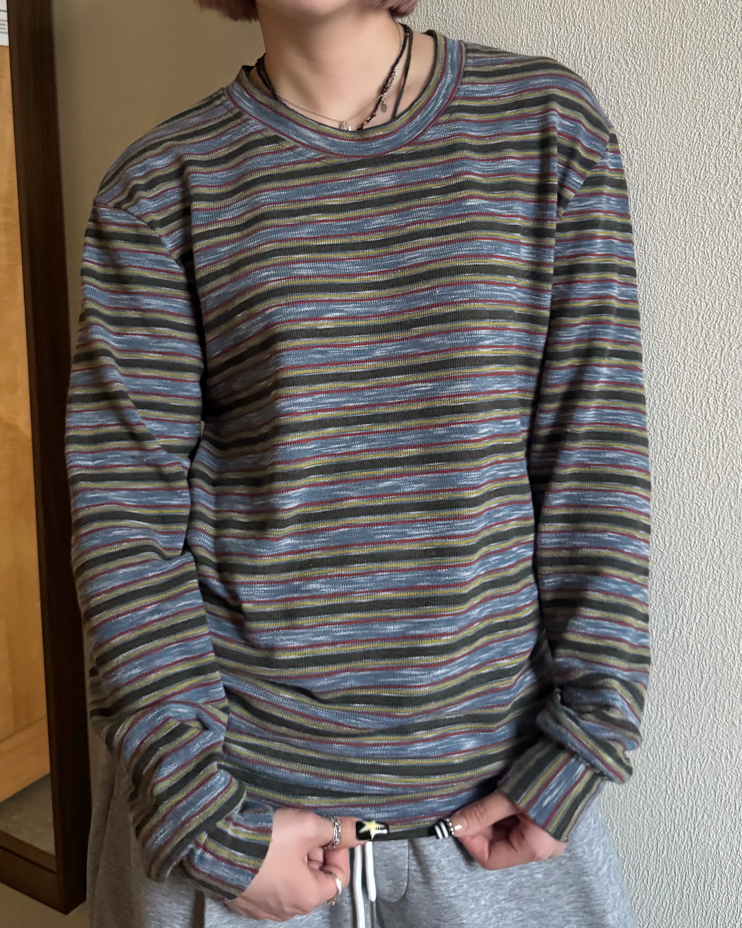 ヘンリーネックボーダーロングTシャツ KM7059