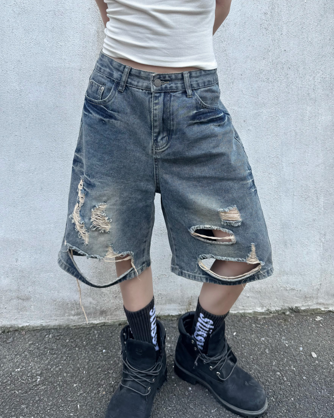 ダメージハーフデニムパンツ KM7130