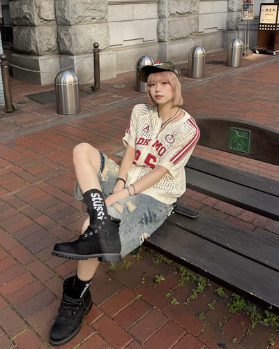 ダメージハーフデニムパンツ KM7130