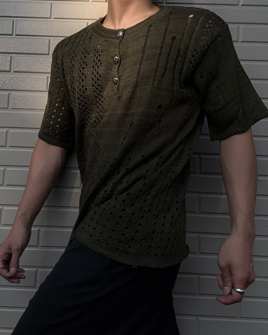 ホローニットヘンリーネックTシャツ KN0283