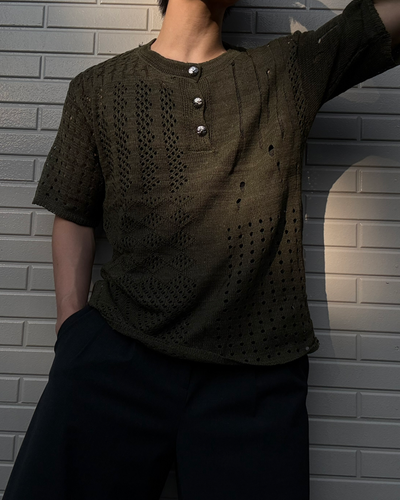 ホローニットヘンリーネックTシャツ KN0283