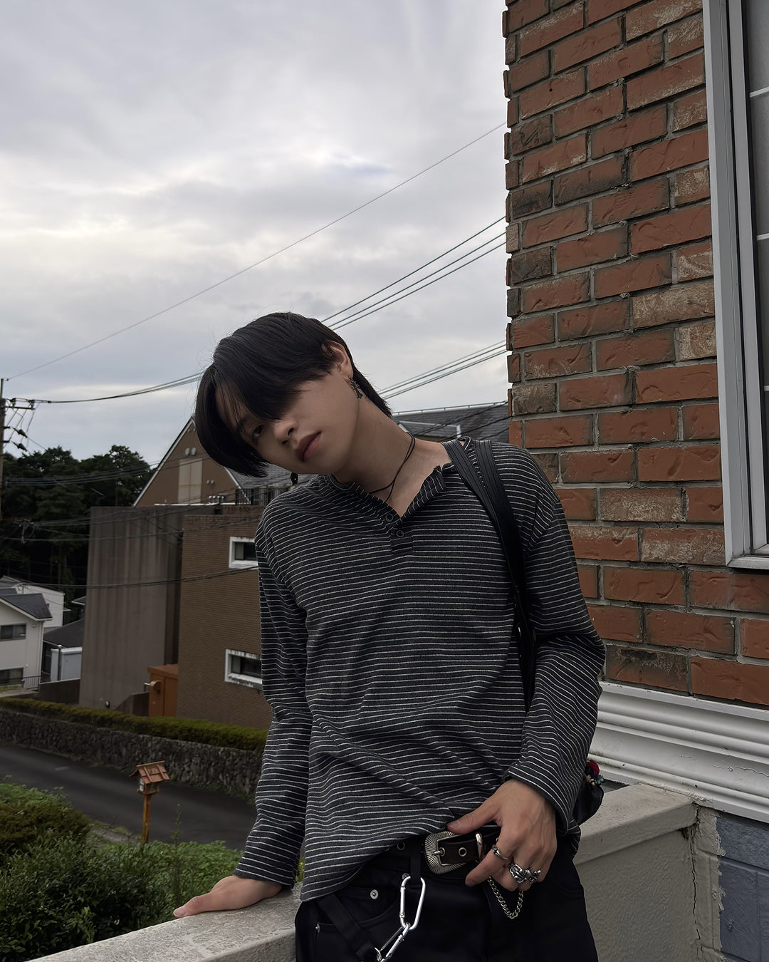 リラックスフィットボーダーヘンリーネックロングTシャツ LP0018