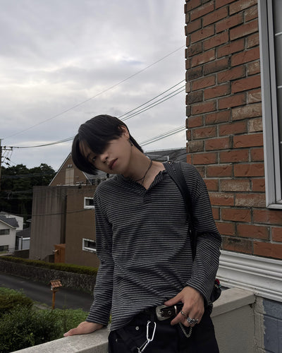 リラックスフィットボーダーヘンリーネックロングTシャツ LP0018