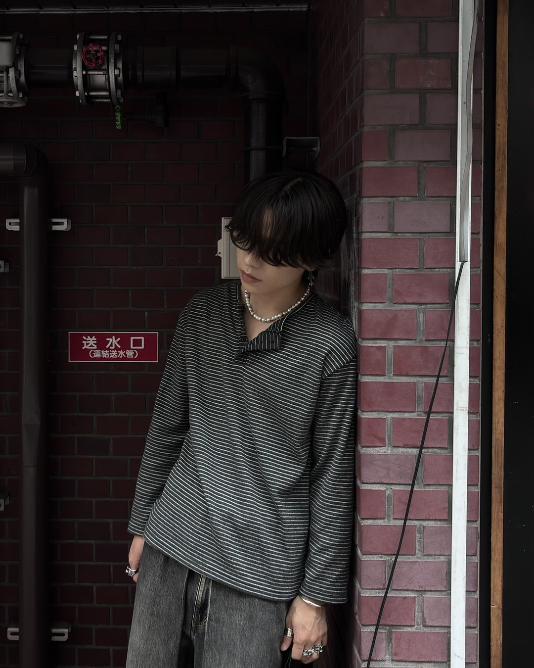 リラックスフィットボーダーヘンリーネックロングTシャツ LP0018