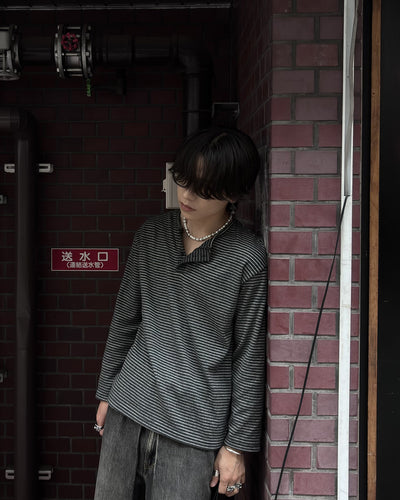 リラックスフィットボーダーヘンリーネックロングTシャツ LP0018