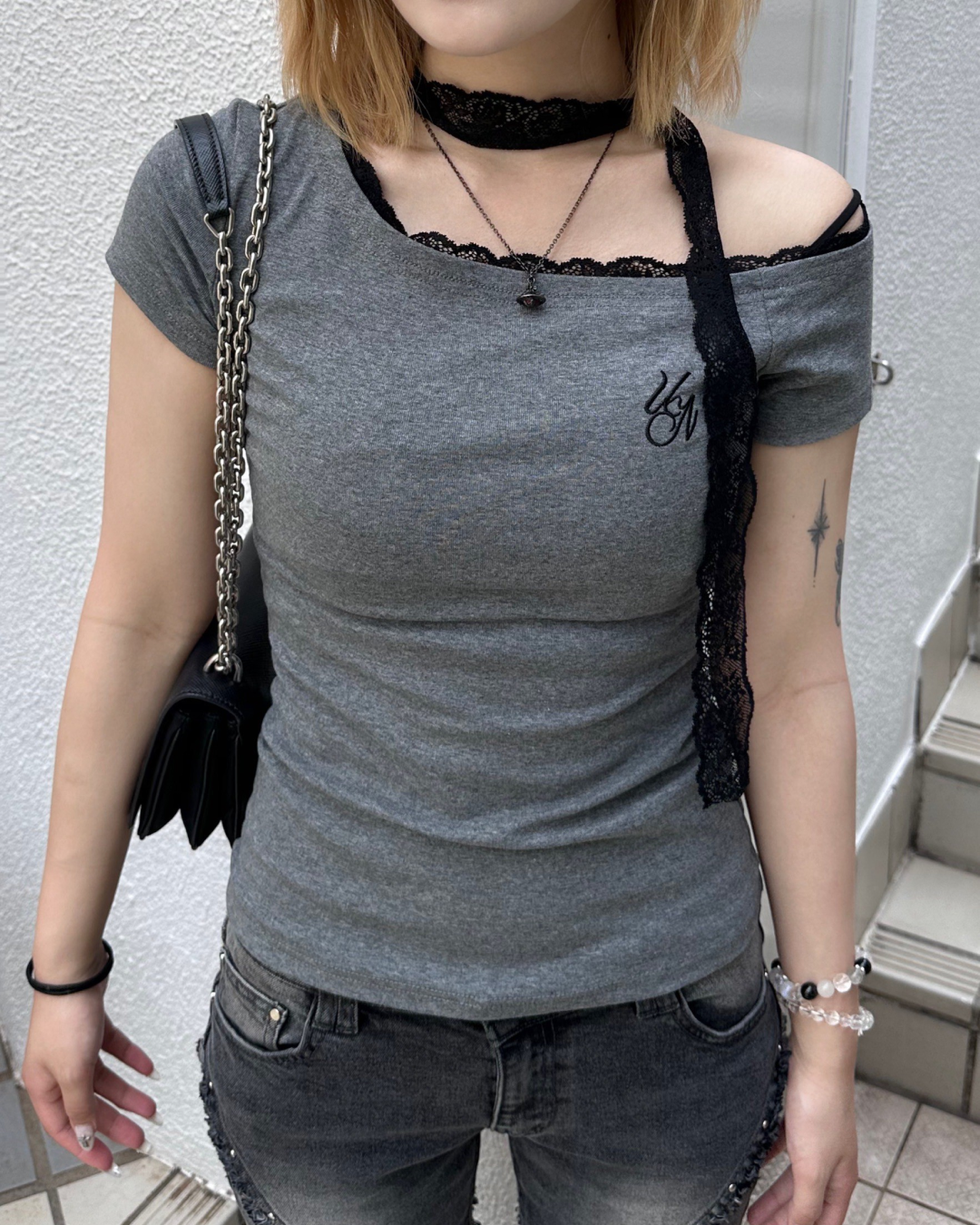 ワンショルダーレースTシャツ MM1063