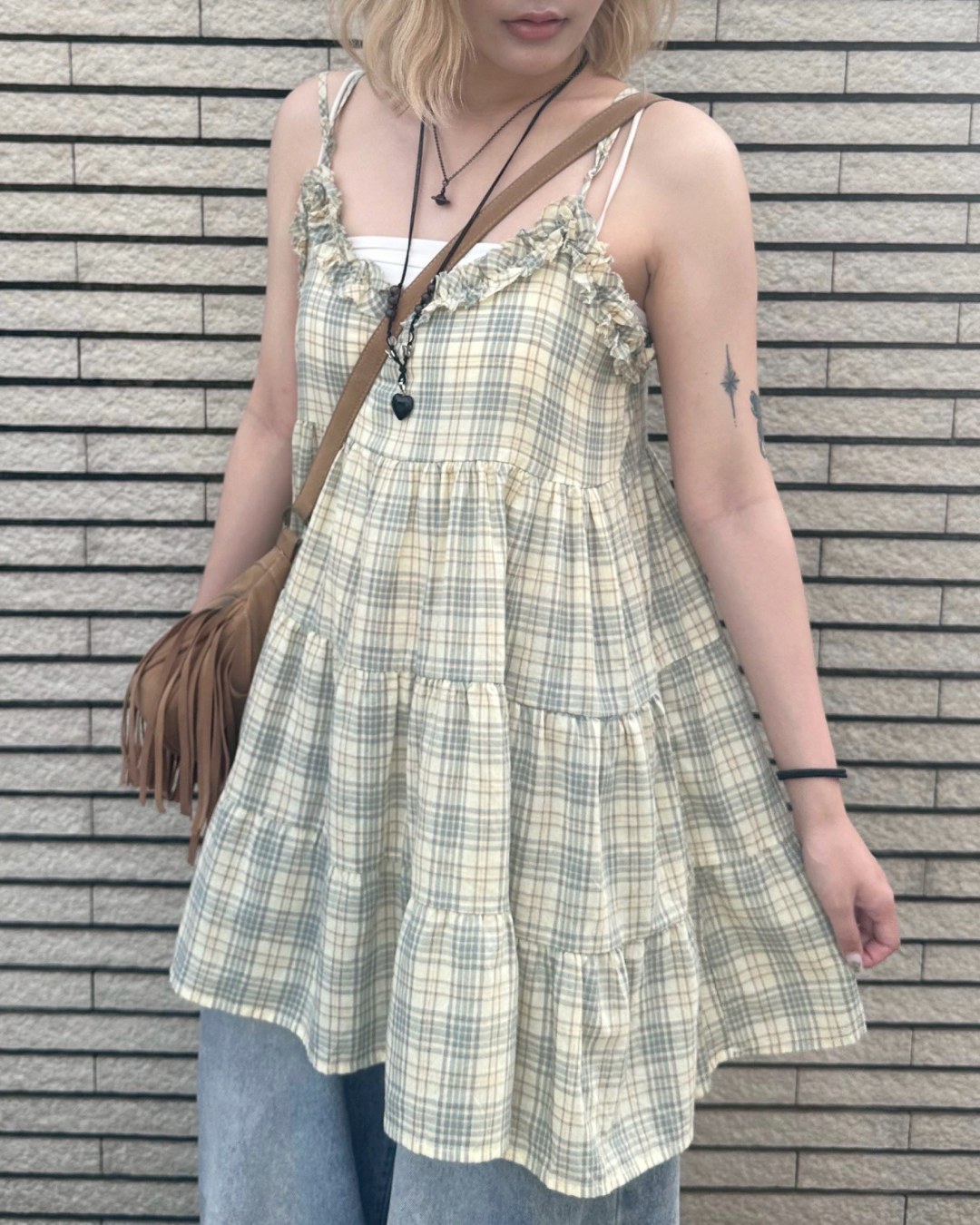チェック柄フリルワンピース MM1095