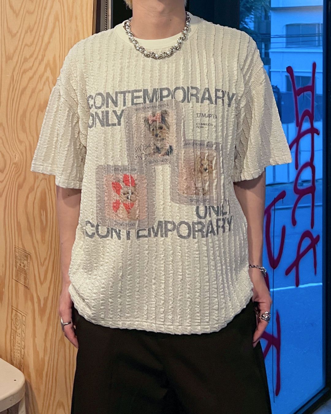 グラフィックプリントニットリップルTシャツ MO1084