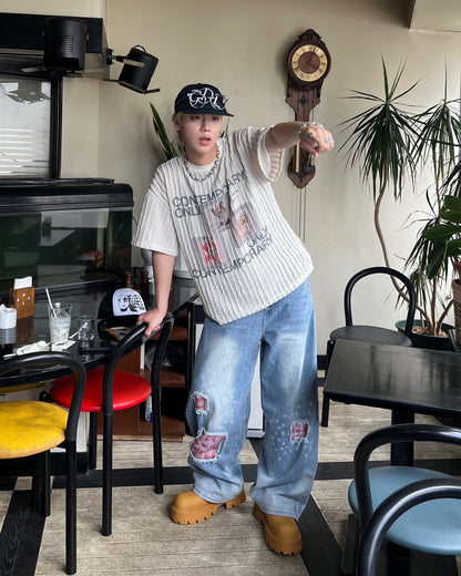 グラフィックプリントニットリップルTシャツ MO1084