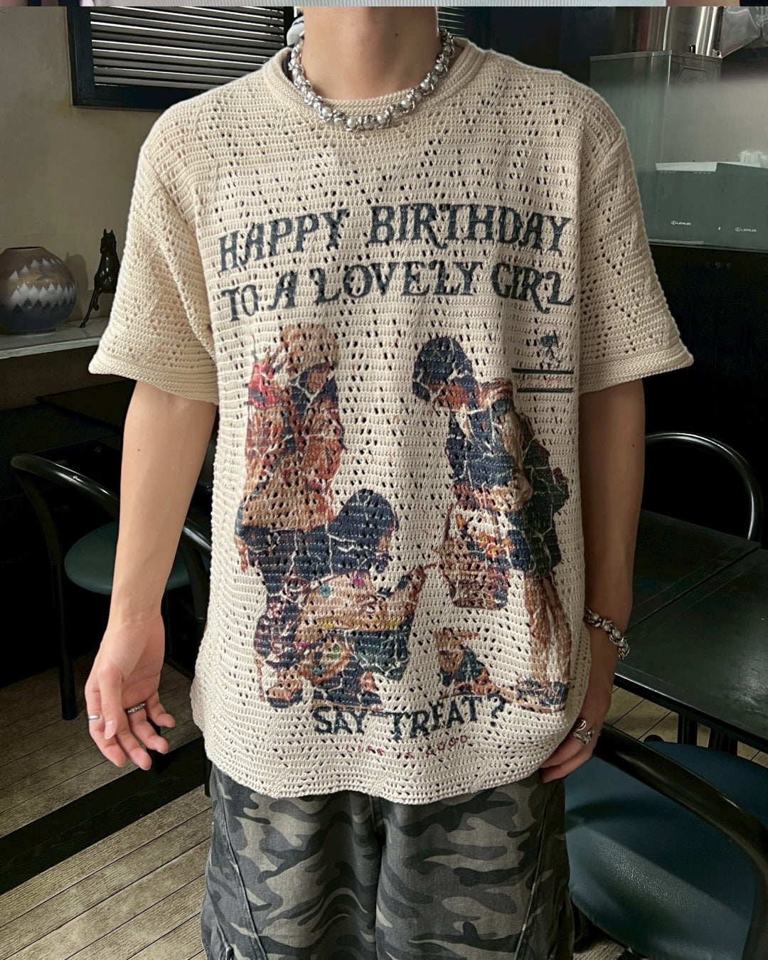 グラフィックプリントニットTシャツ MO1085