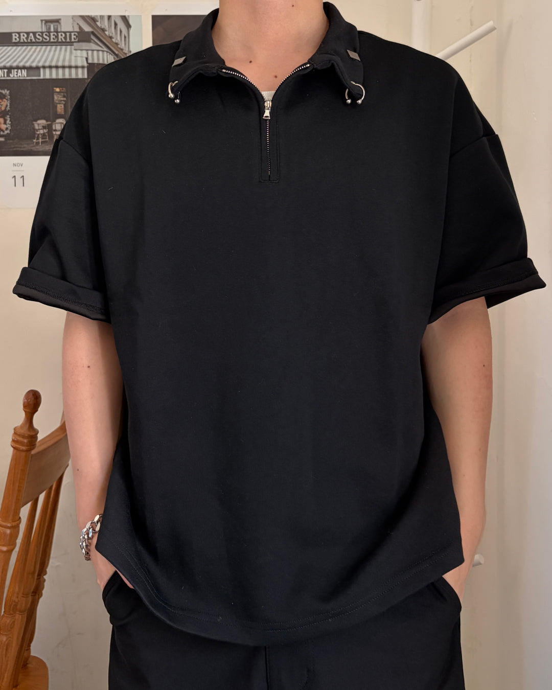 ピアスデザインハーフジップTシャツ MO3101