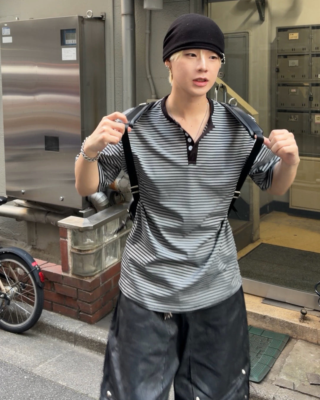 ヘンリーネックボーダー半袖Tシャツ MO3127