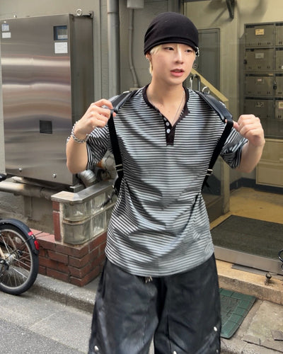 ヘンリーネックボーダー半袖Tシャツ MO3127
