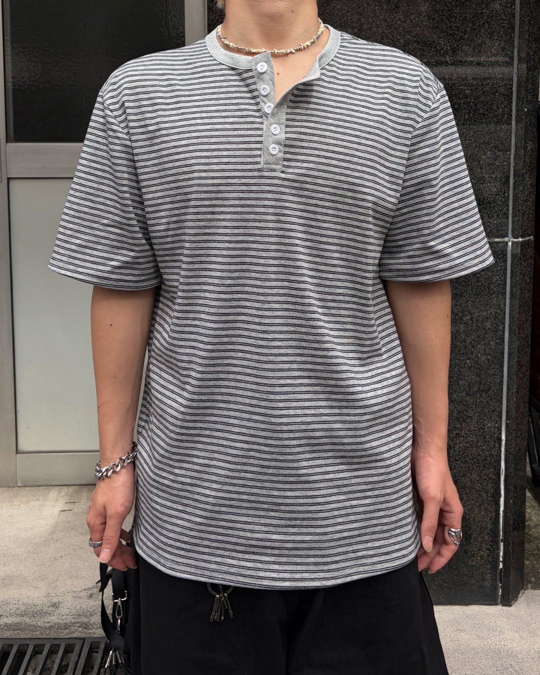 ヘンリーネックボーダー半袖Tシャツ MO3127
