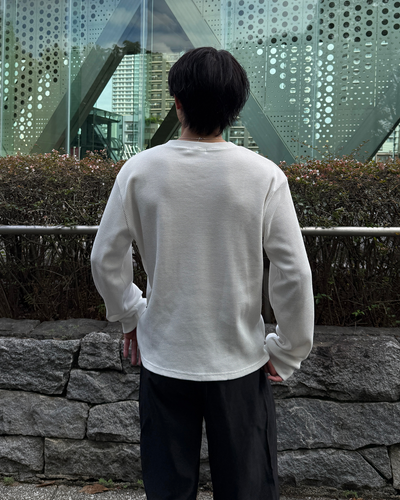 アシンメトリーワッフルヘンリーネックニットトップス ME0010